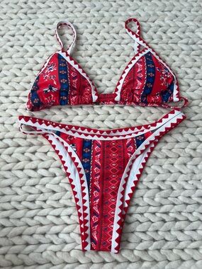 SHEIN Red & Blue Patterned Triangle Bikini Set